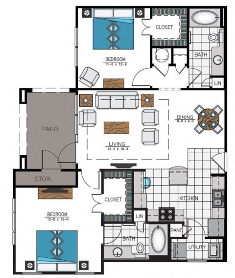 Floor plan for 2 beds, 2 baths, 1121 sqft